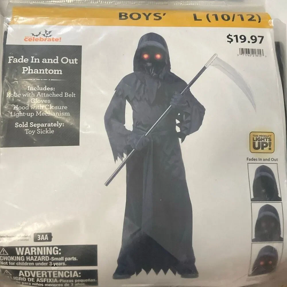 Boys Fade In & Out Phantom Costume L 10/12 Light Up Halloween Grim Reaper